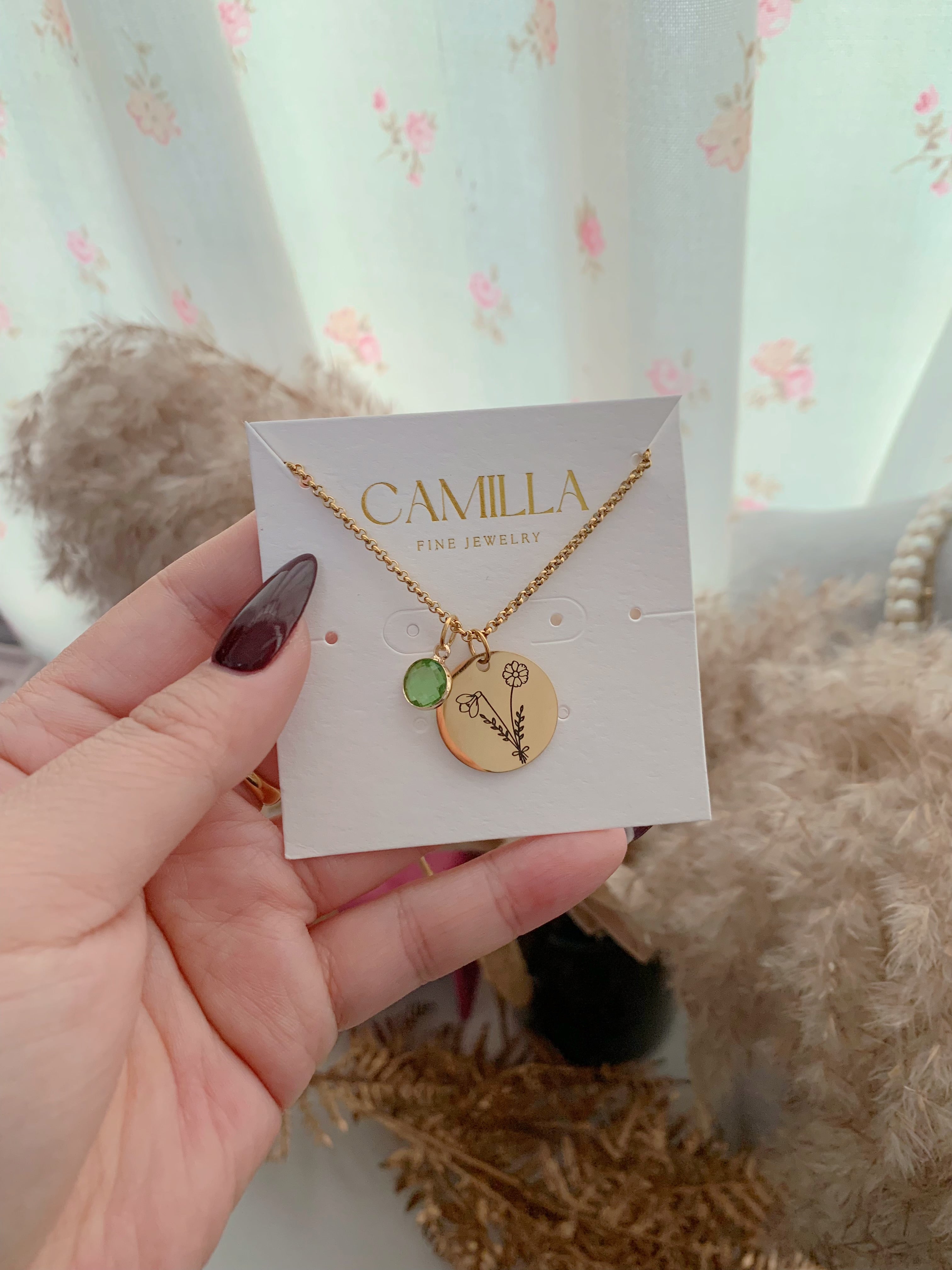 Birth Month Flower Bouquet Charm Necklace With Birthstone - camillaboutiqueshop