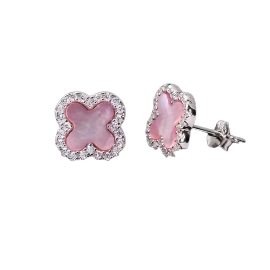 Pink Mother Of Pearl Diamanté Clover Stud Earrings - camillaboutiqueshop
