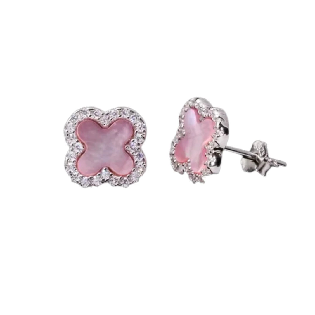 Pink Mother Of Pearl Diamanté Clover Stud Earrings