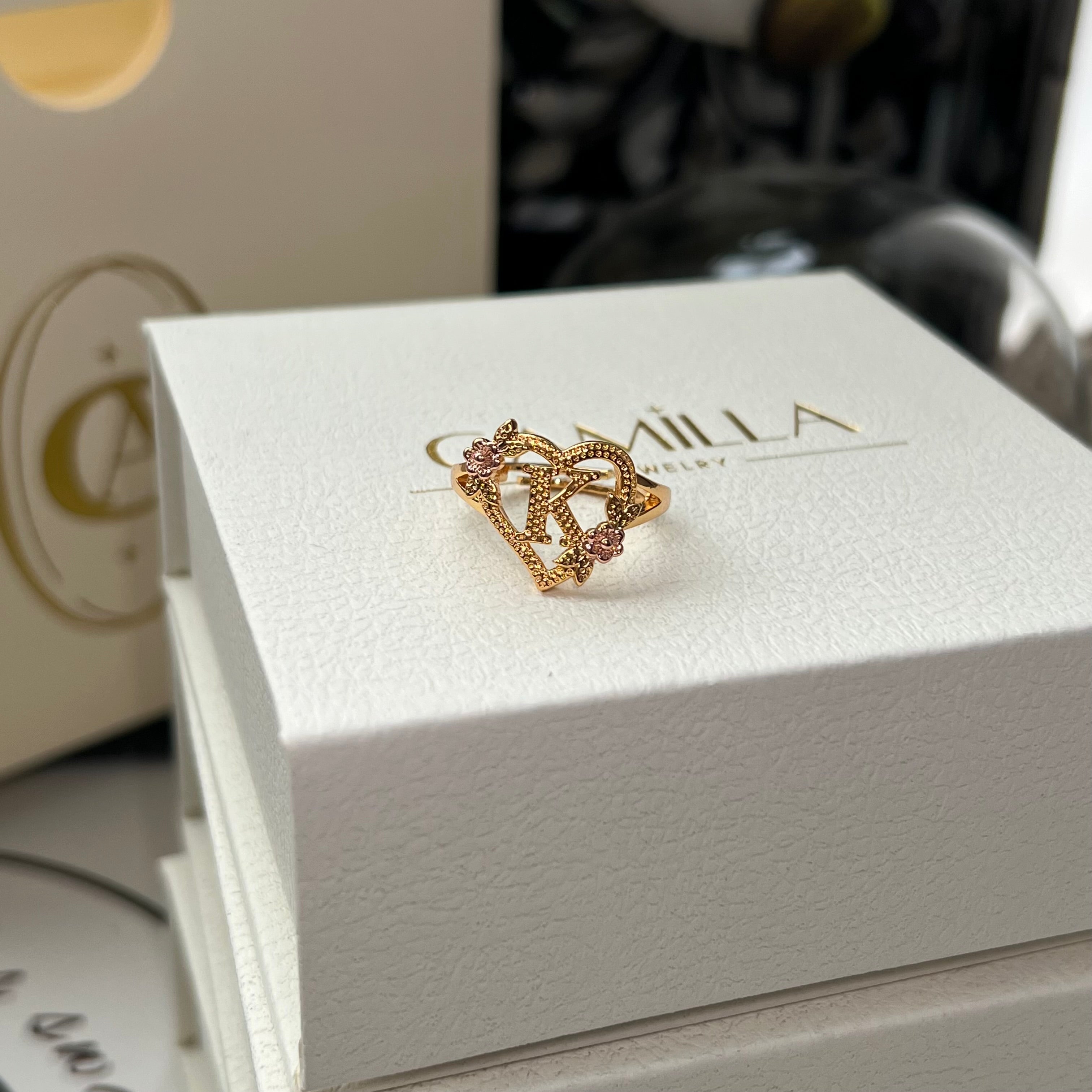 Flower Heart Initial Sterling Silver Ring - camillaboutiqueshop