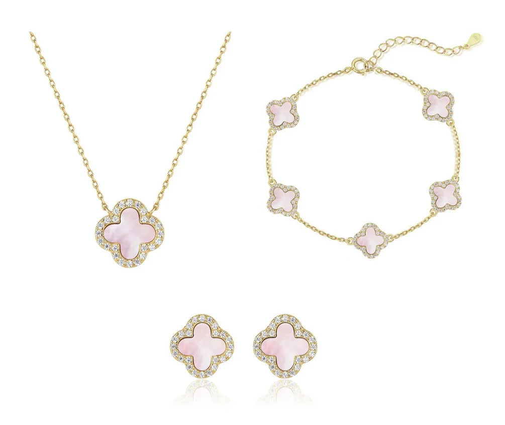 Pink Mother Of Pearl Clover Jewelry Set
