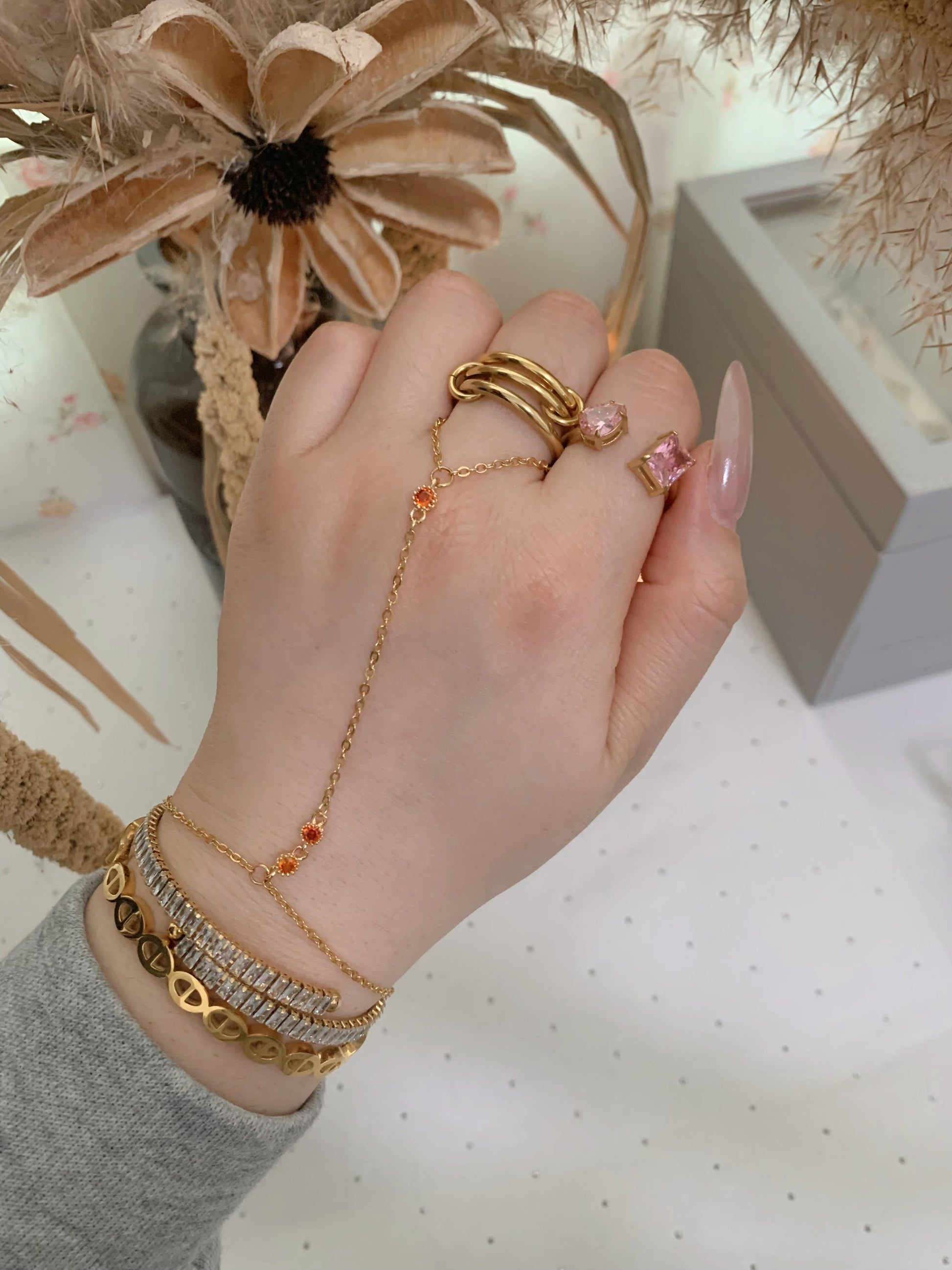 3 Red Stone CZ Hand Chain Bracelet Delicate Slave Bracelet - camillajewelry