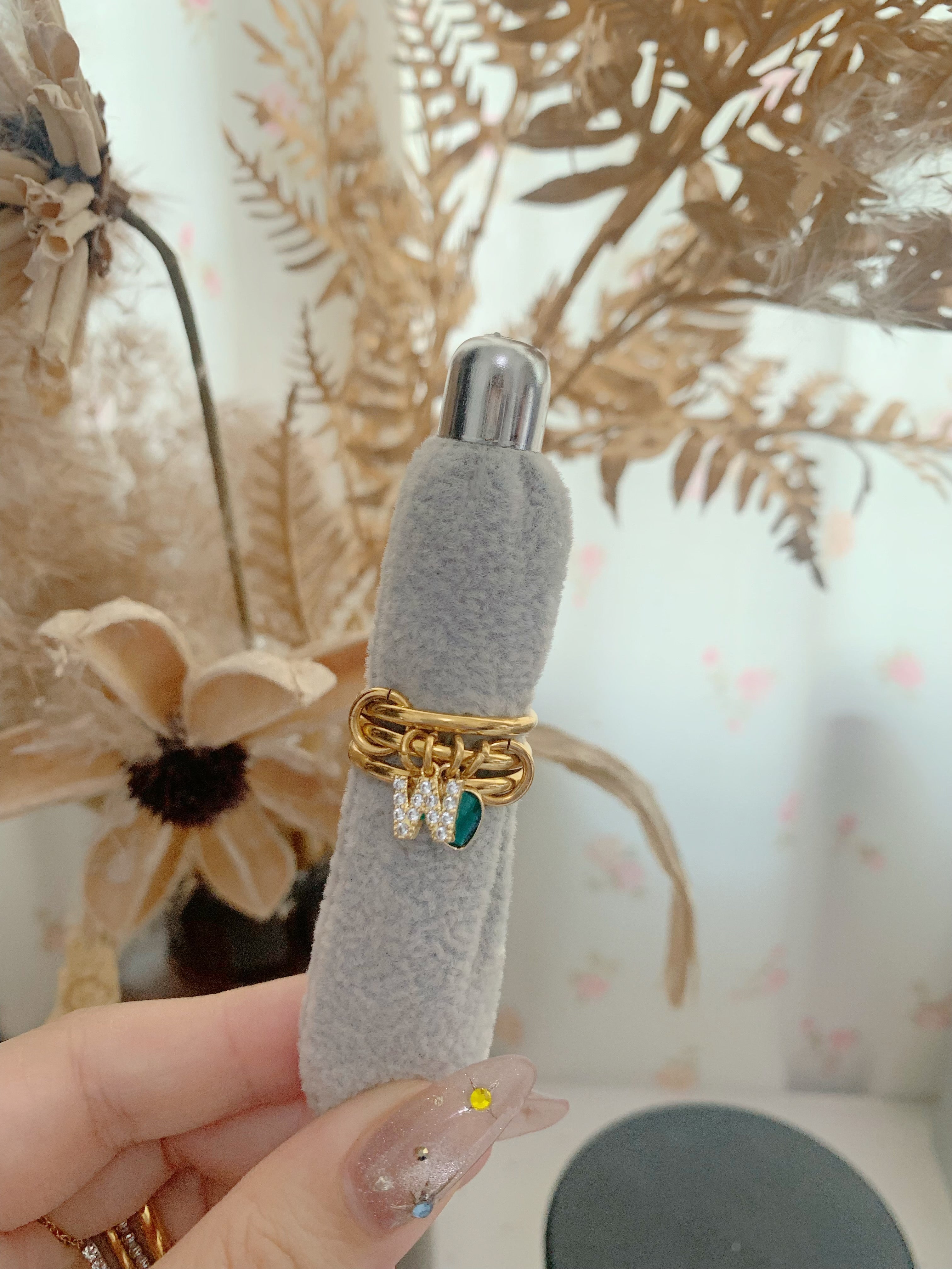 Birthstone and Initials Charm Interlock Stacking Ring
