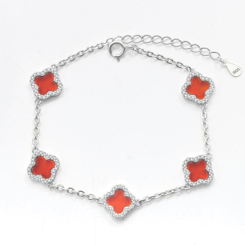 Sterling Silver Diamond Red Carnelian Clover Bracelet