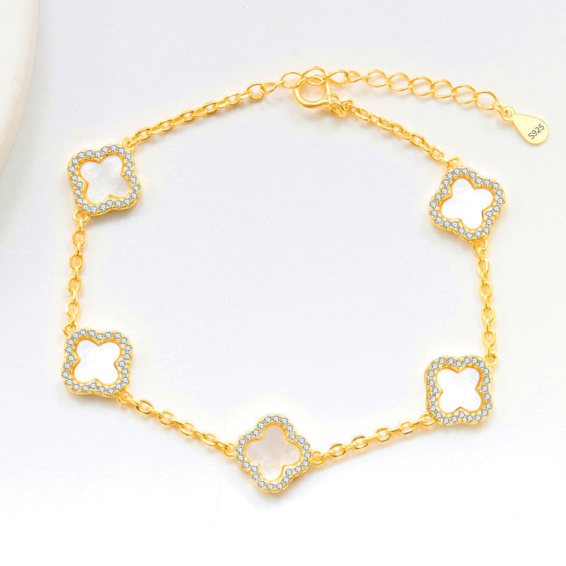 Sterling Silver Diamond Mother Of Pearl Clover Bracelet