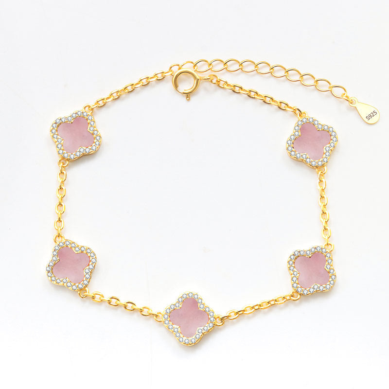 Sterling Silver Diamond 'PINK' Mother Of Pearl Clover Bracelet