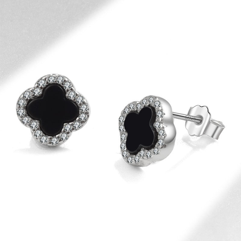 Black Onyx Diamanté Clover Stud Earrings - camillaboutiqueshop