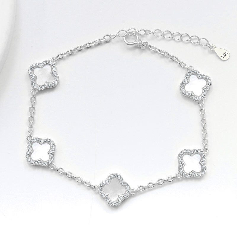 Sterling Silver Diamond Mother Of Pearl Clover Bracelet