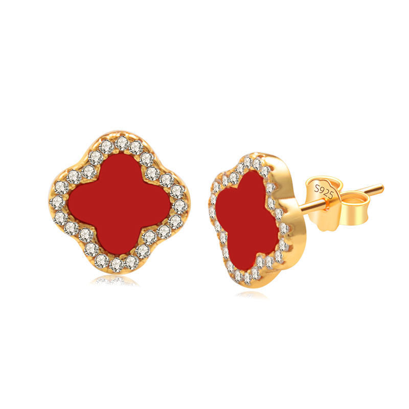 Red Carnelian Diamanté Clover Stud Earrings