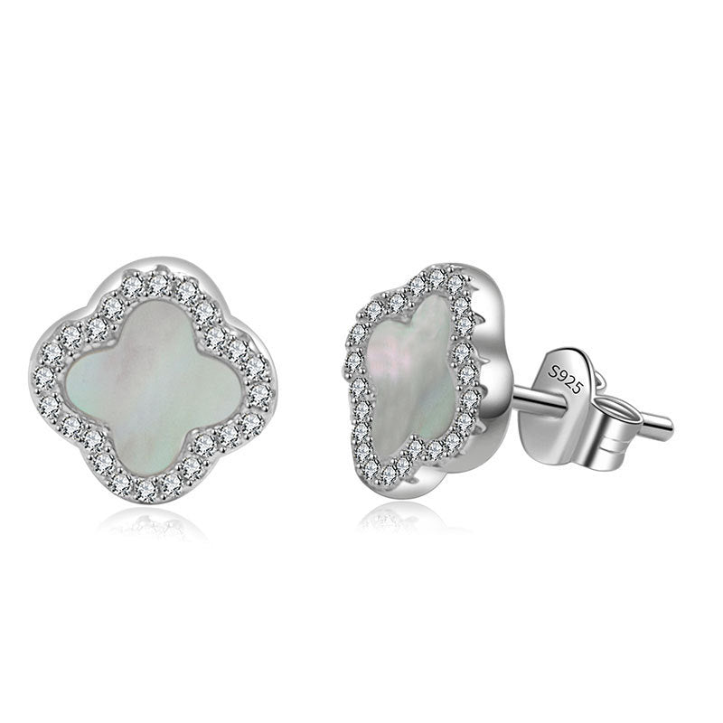 Mother Of Pearl Diamanté Clover Stud Earrings