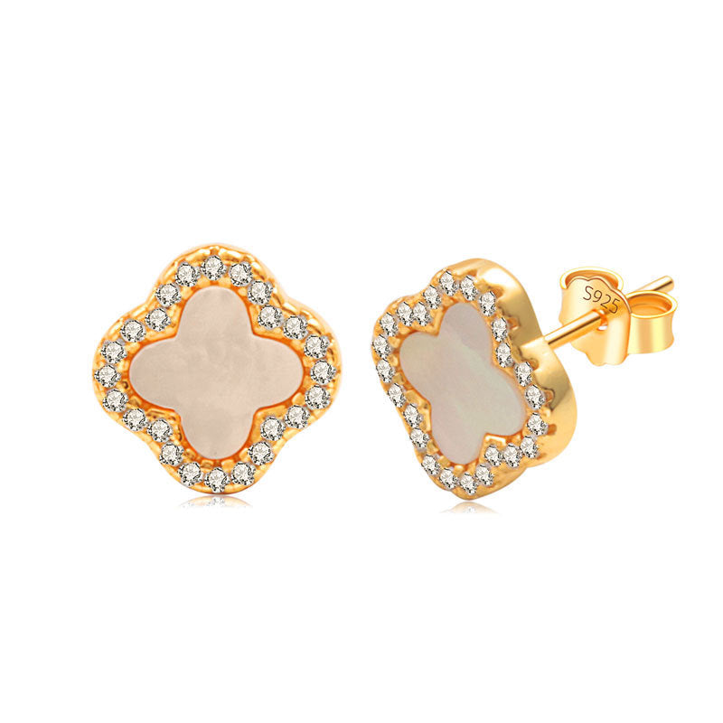 Mother Of Pearl Diamanté Clover Stud Earrings