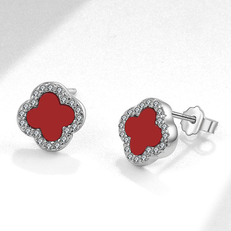 Red Carnelian Diamanté Clover Stud Earrings