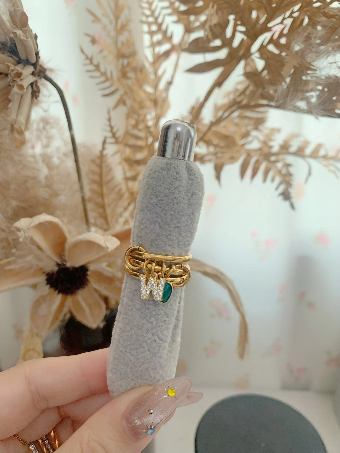 Birthstone and Initials Charm Interlock Stacking Ring - Camillaboutiqueshop