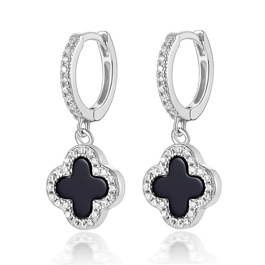 BLACK ONYX DIAMANTE CLOVER HUGGIE HOOP EARRINGS - Camillaboutiqueshop