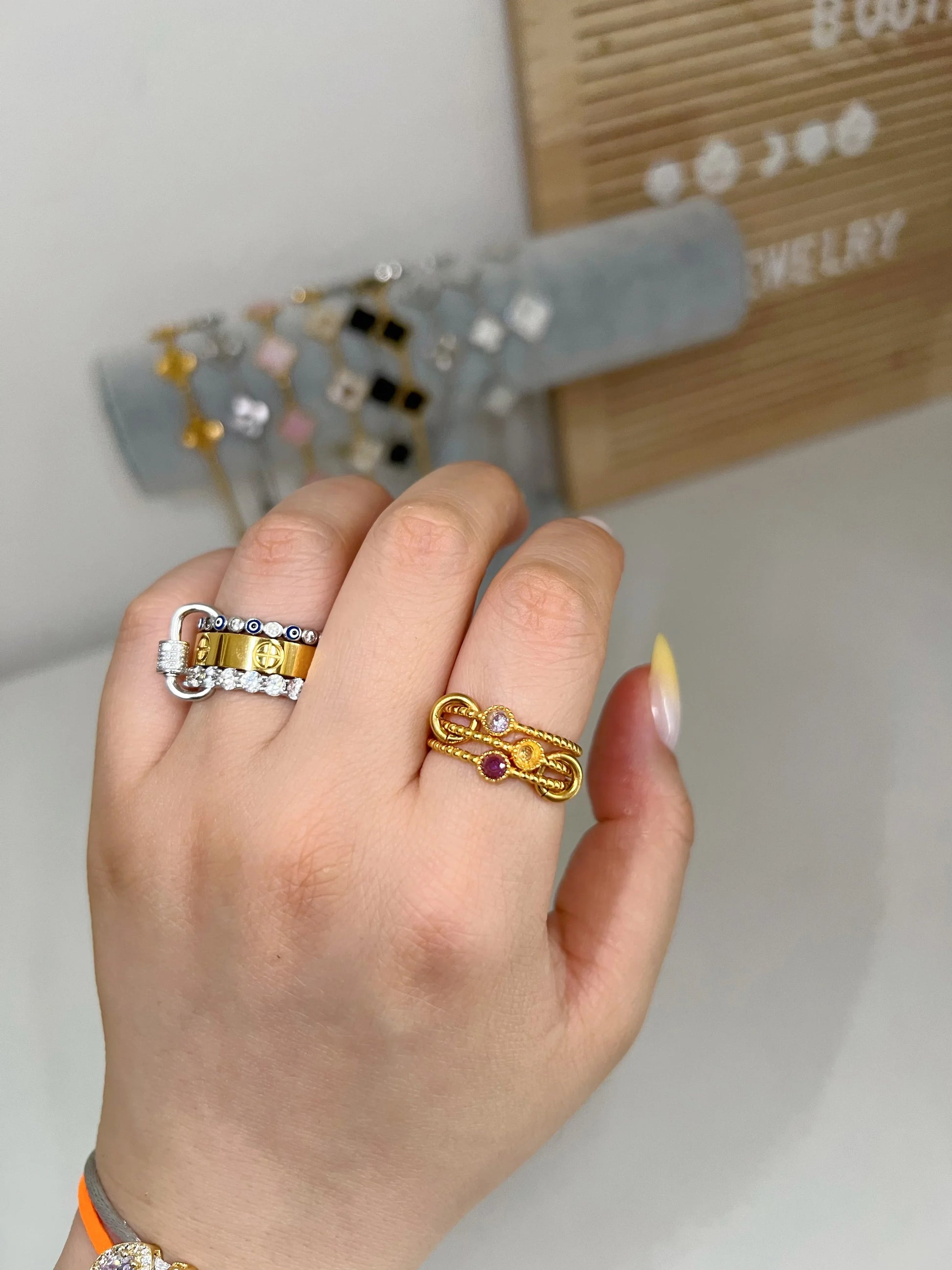 Gold Triple solitaire stacking birthstone ring - Camillaboutiqueshop