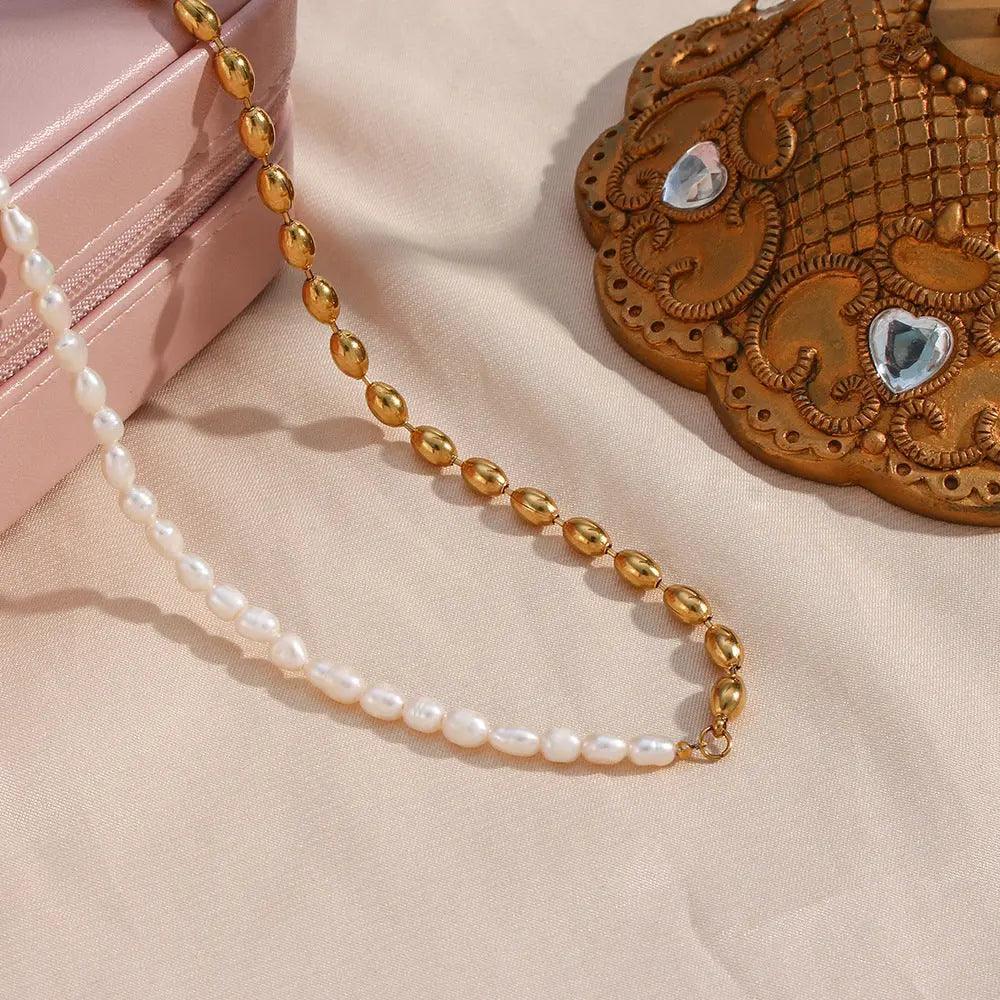 Half Pearl Half Bead Chain Necklace - Camillaboutiqueco