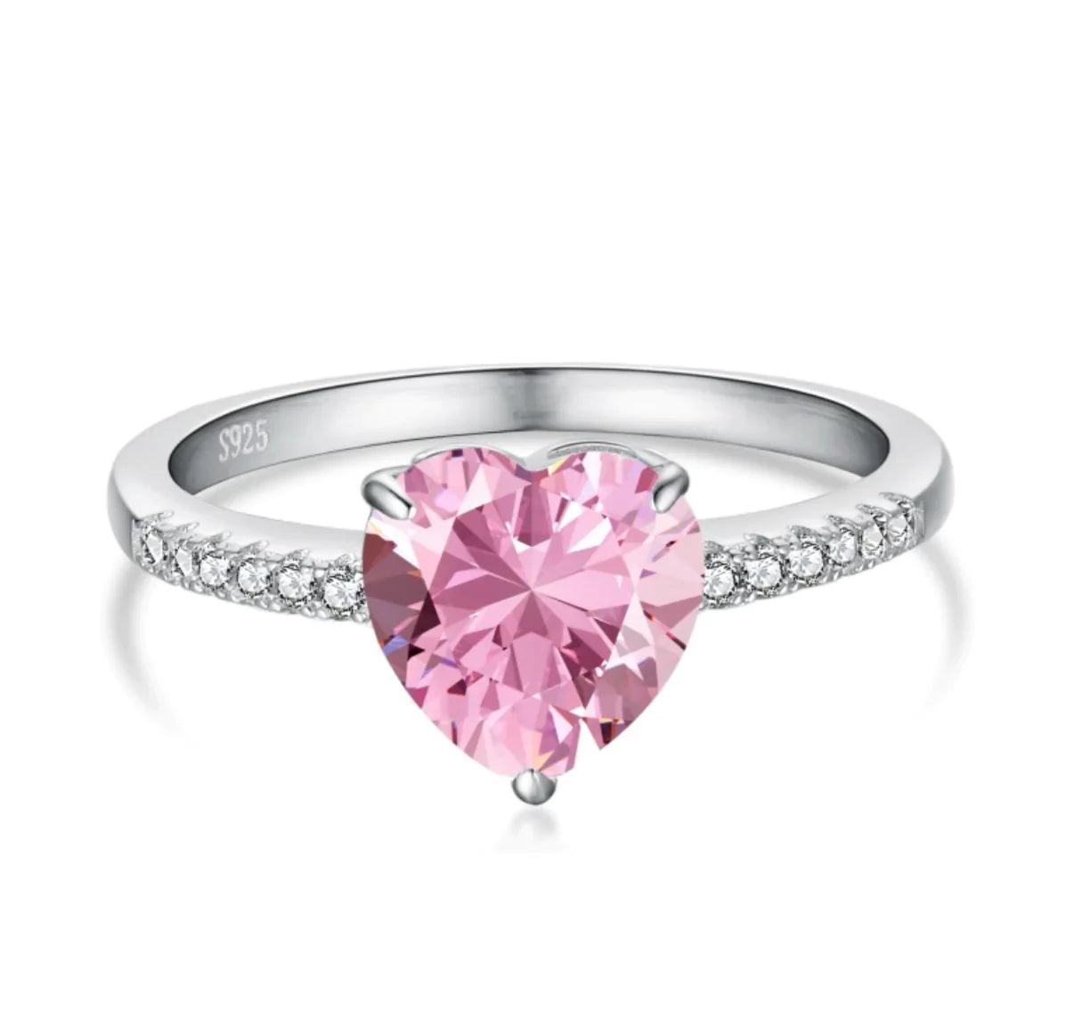 Heart-Shaped Pink & White Cubic Zirconia Sterling Silver Ring - Camillaboutiqueshop