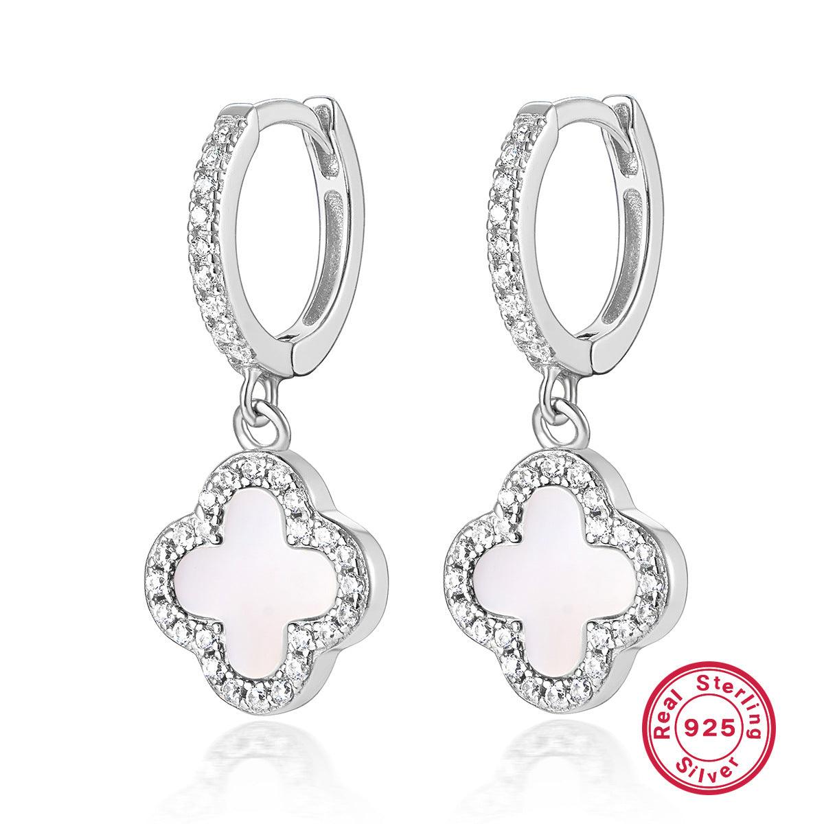 MOTHER OF PEARL DIAMANTE CLOVER HUGGIE HOOP EARRINGS - Camillaboutiqueshop