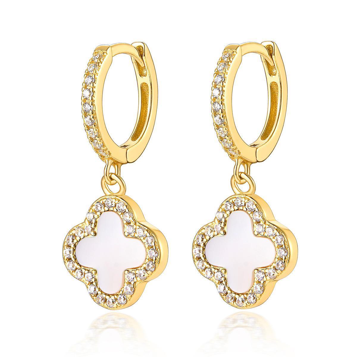 MOTHER OF PEARL DIAMANTE CLOVER HUGGIE HOOP EARRINGS - camillaboutiqueshop