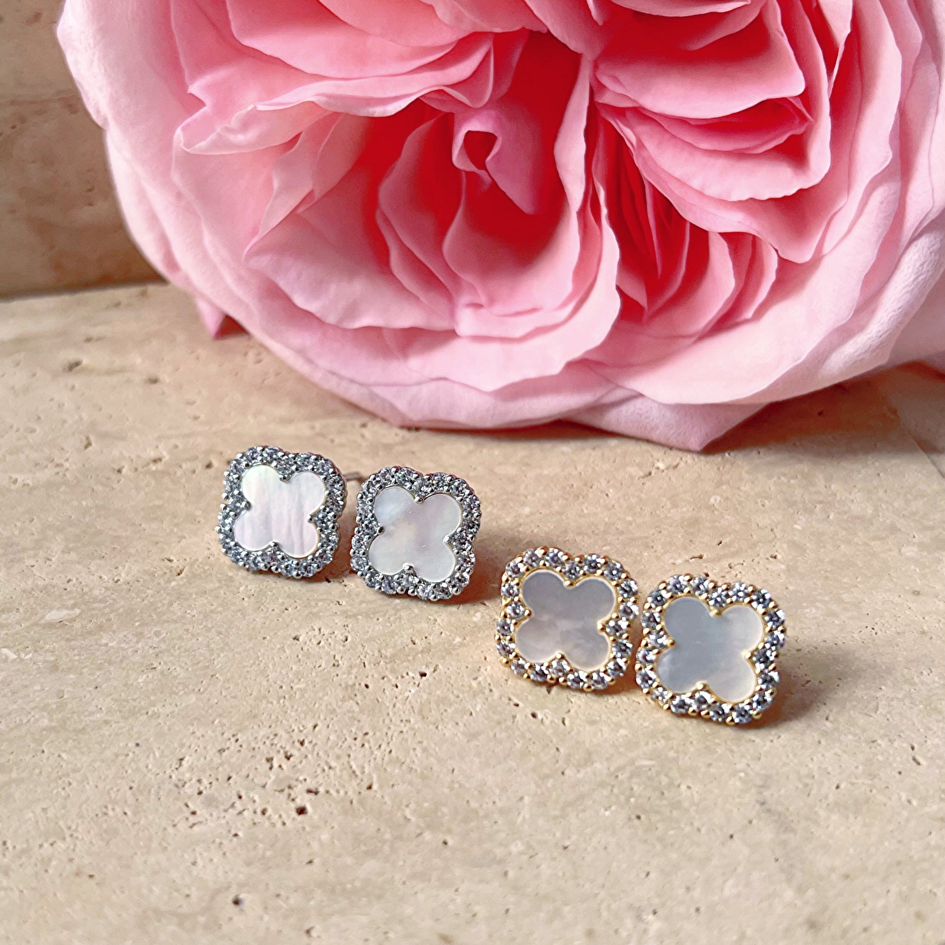 Mother Of Pearl Diamanté Clover Stud Earrings - camillaboutiqueshop