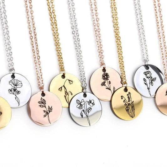 Personalized Engraved Birth Flower Charm Necklace - Camillaboutiqueshop