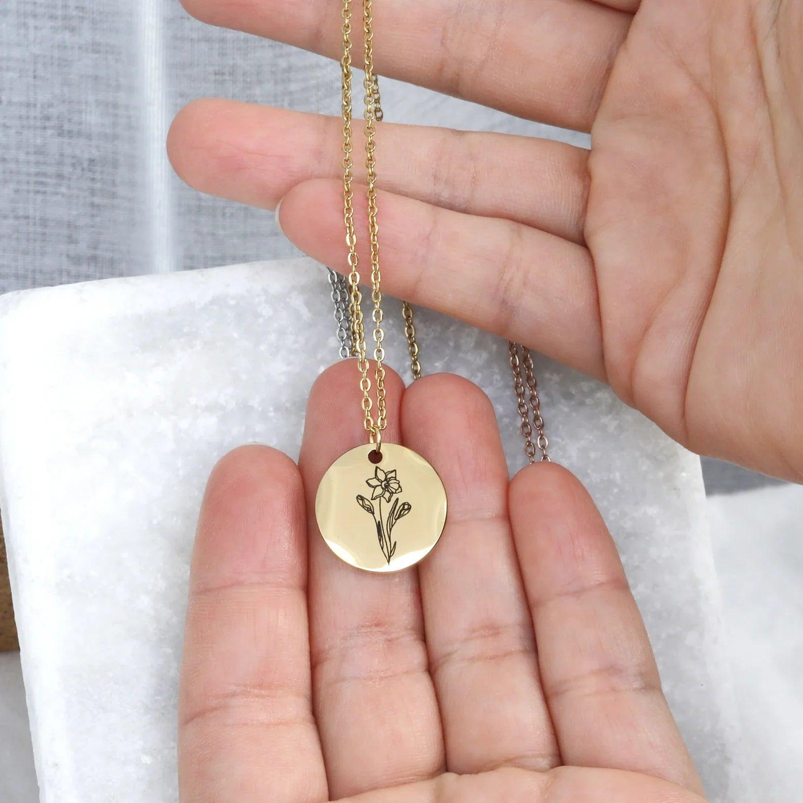 Personalized Engraved Birth Flower Charm Necklace - Camillaboutiqueshop