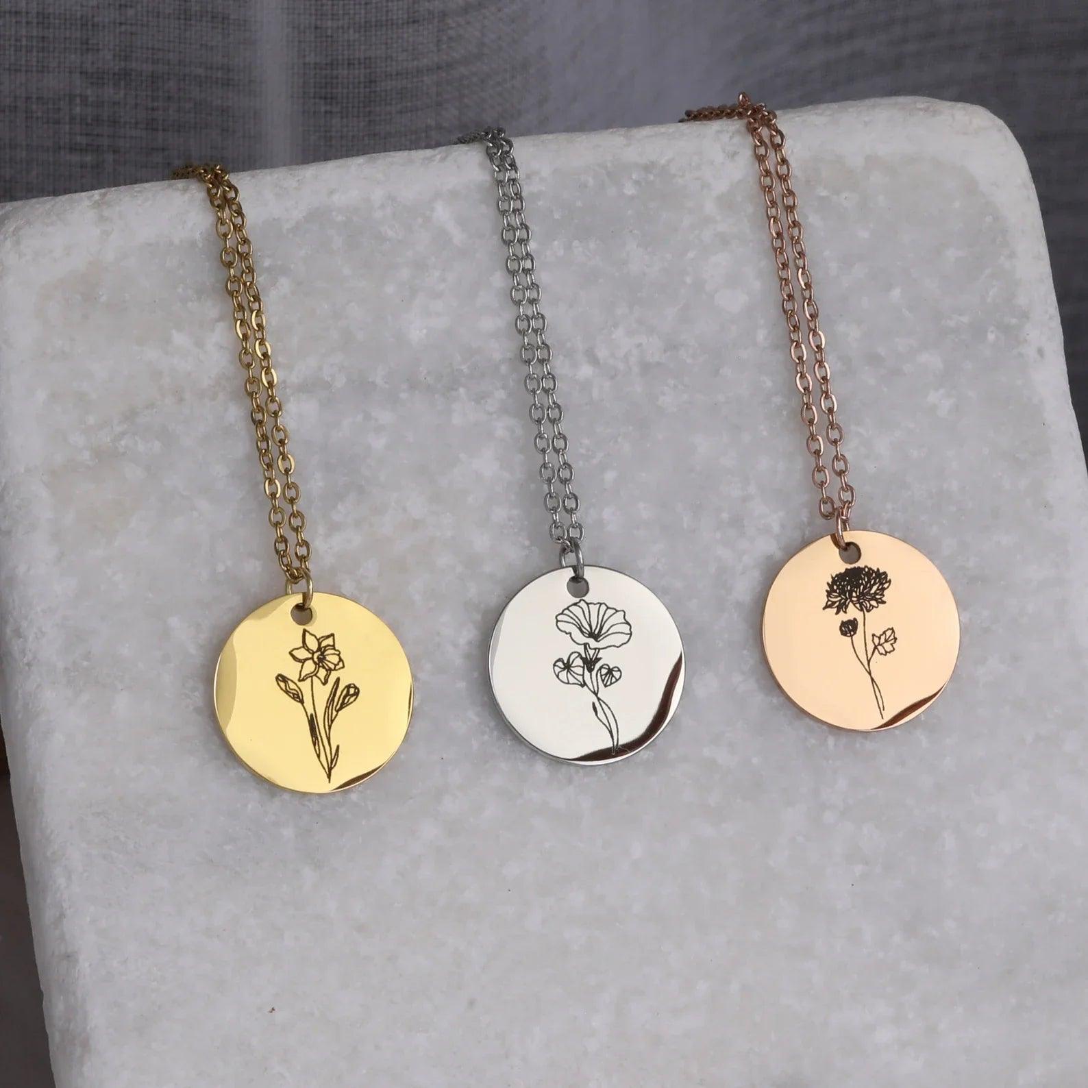 Personalized Engraved Birth Flower Charm Necklace - Camillaboutiqueshop