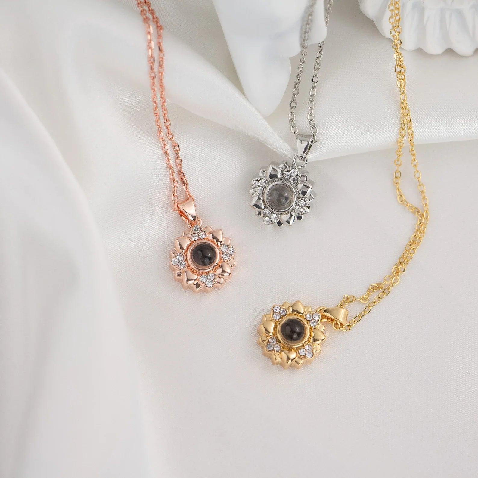 Photo Projection Necklace Flower Sterling Silver Rose Gold Pendant - camillaboutiqueshop