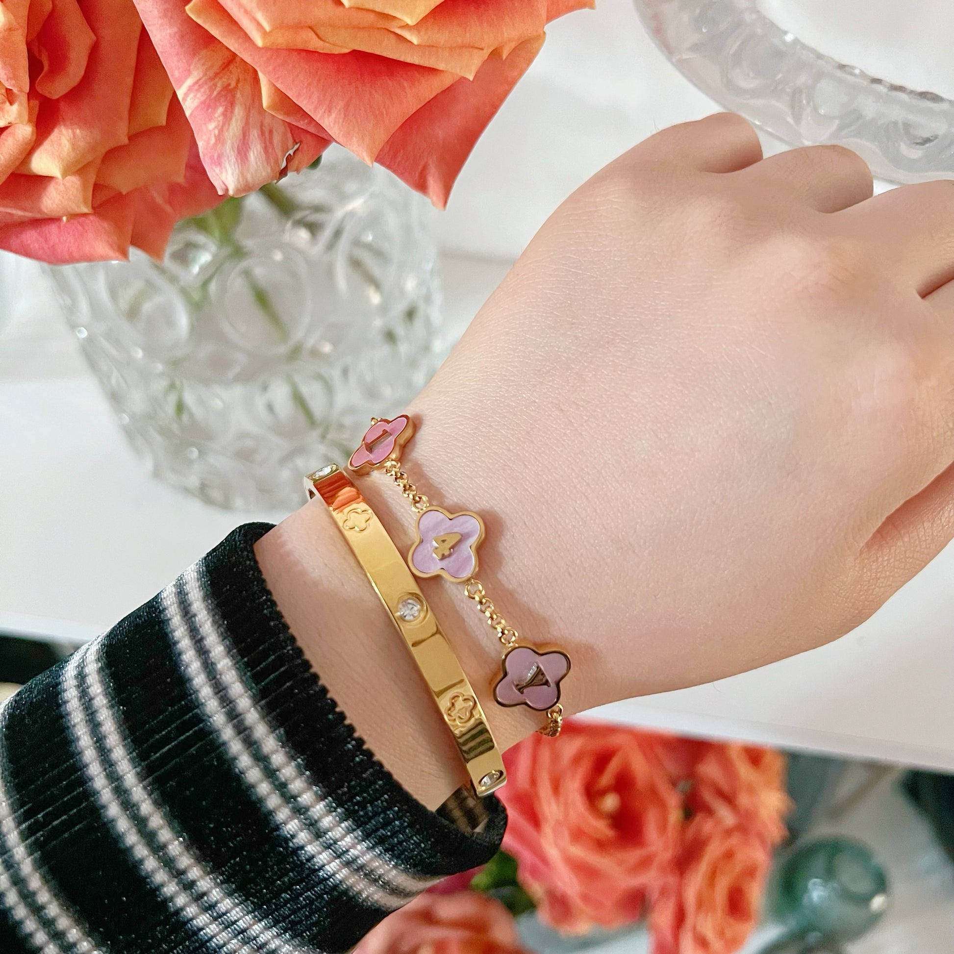 Pink Mother Of Pearl Clover Custom Name Bracelet - Camillaboutiqueshop