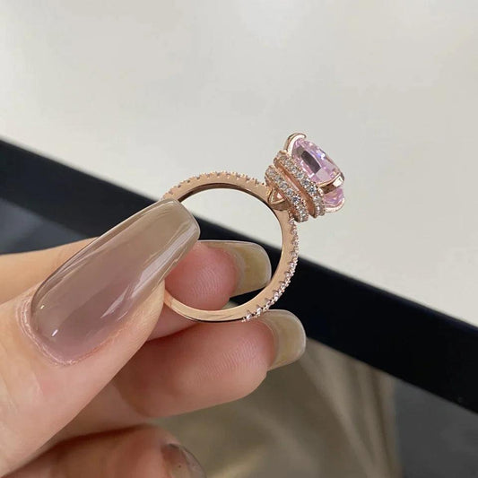 Rose Gold Peachy Pink Stone Cushion Cut Engagement Ring With Double Halo - Camillaboutiqueco