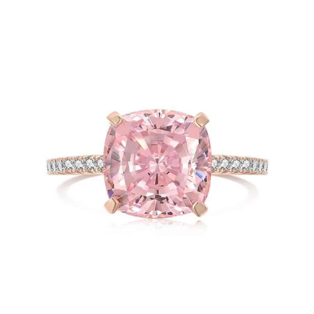 Rose Gold Peachy Pink Stone Cushion Cut Engagement Ring With Double Halo - Camillaboutiqueshop