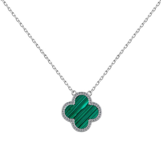 Sterling Silver Diamond Green Malachite Clover Necklace - Camillaboutiqueshop