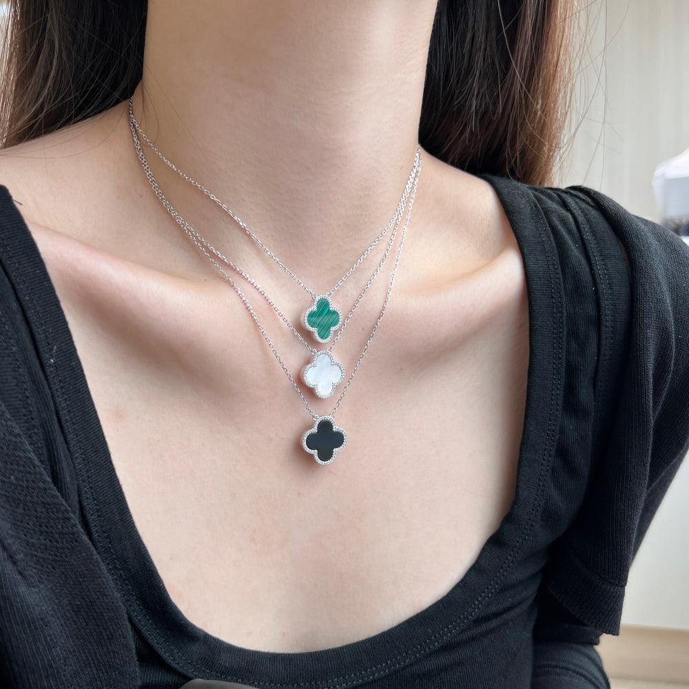 Sterling Silver Diamond Green Malachite Clover Necklace - camillaboutiqueshop