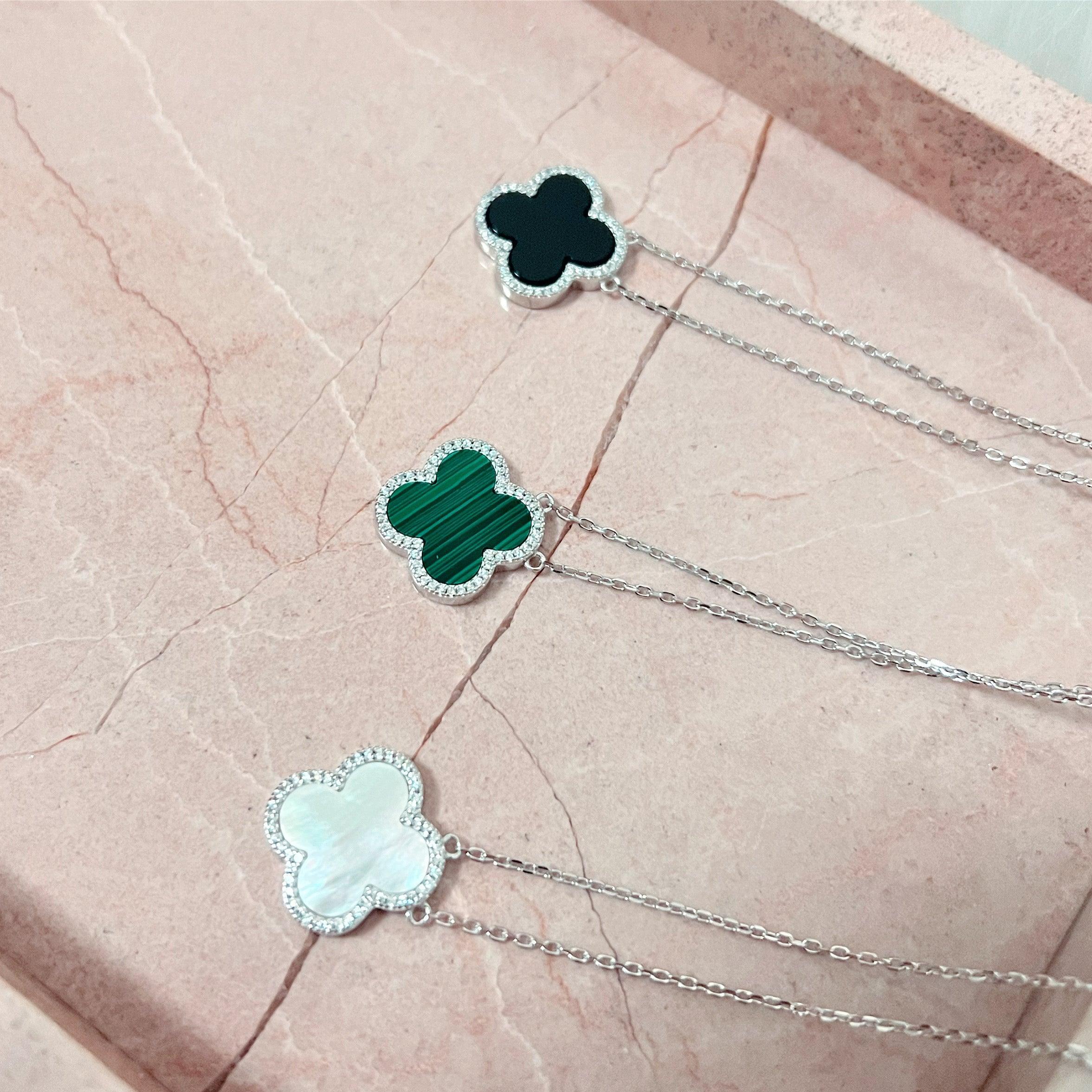 Sterling Silver Diamond Mother Of Peal Clover Necklace - camillaboutiqueshop