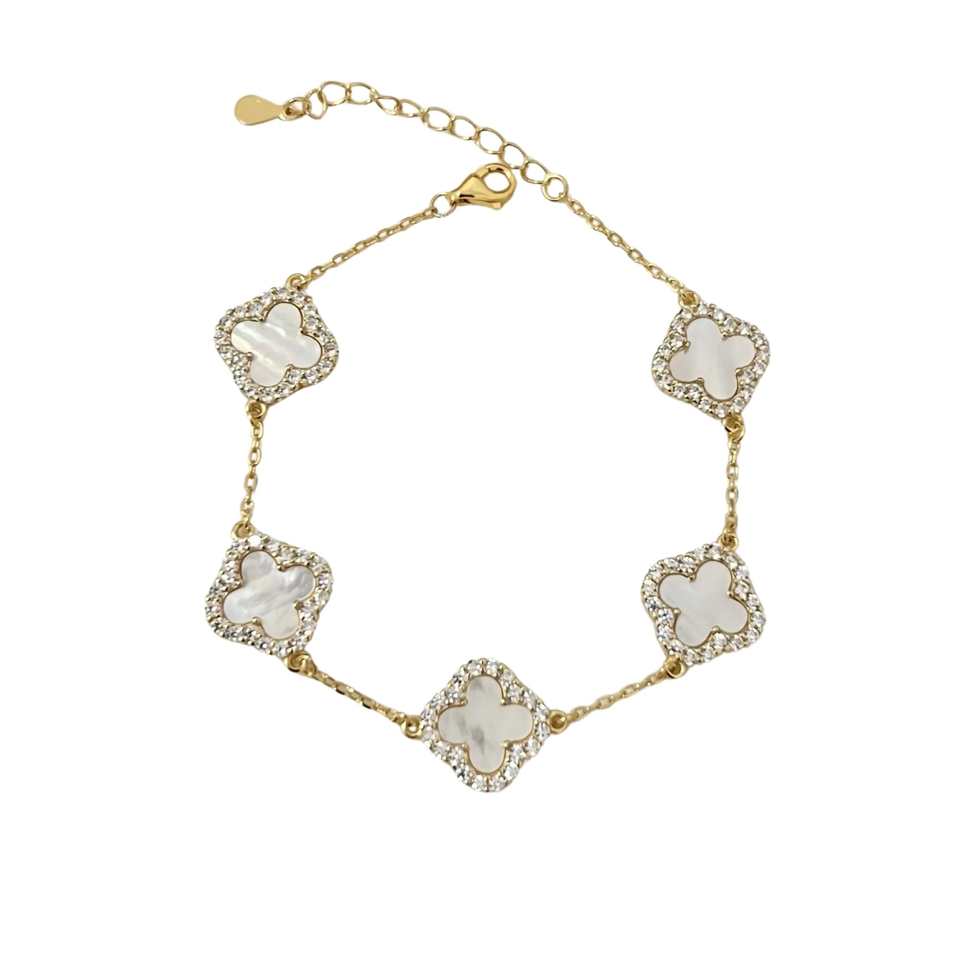 Sterling Silver Diamond Mother Of Pearl Clover Bracelet - camillaboutiqueshop