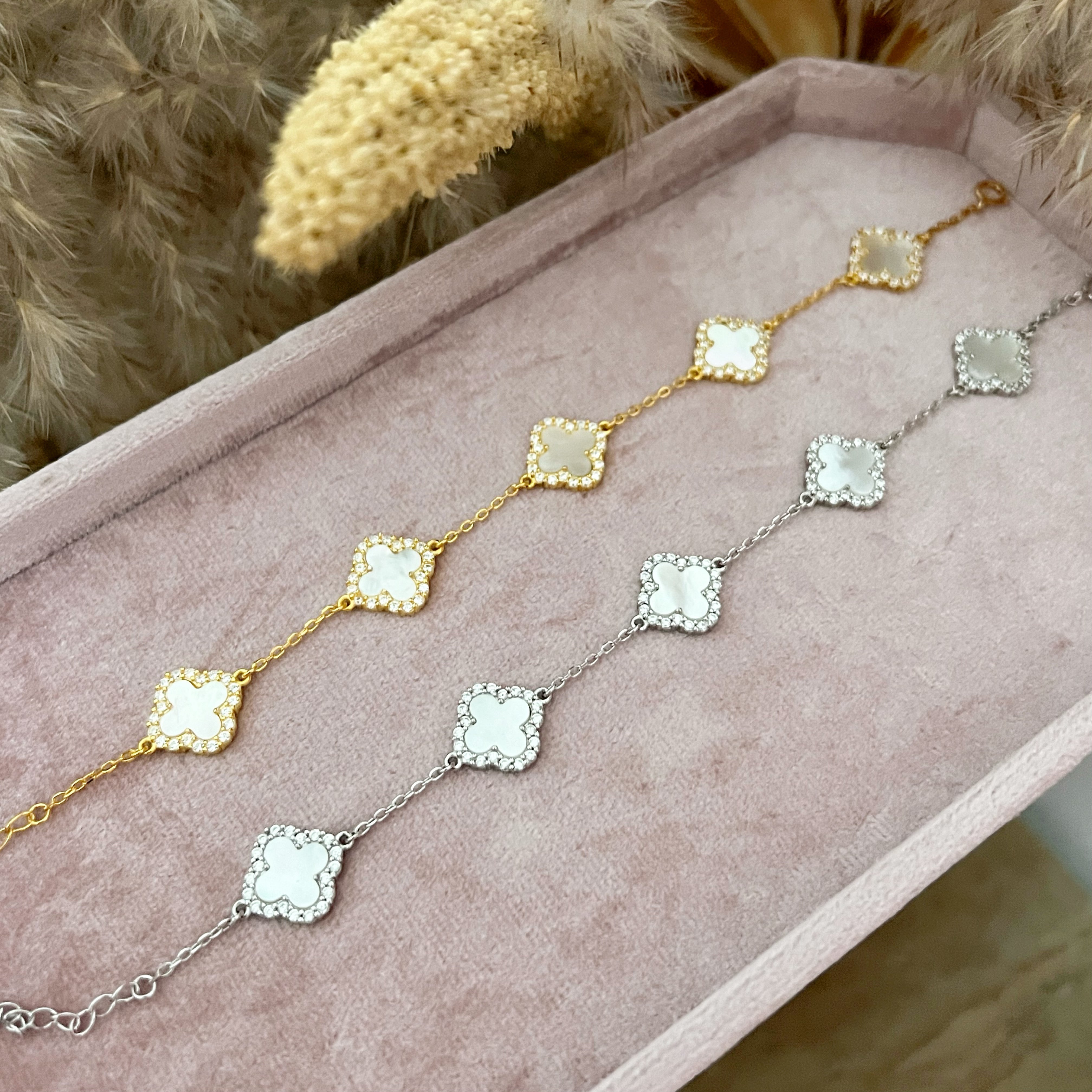 Sterling Silver Diamond Mother Of Pearl Clover Bracelet - camillaboutiqueshop