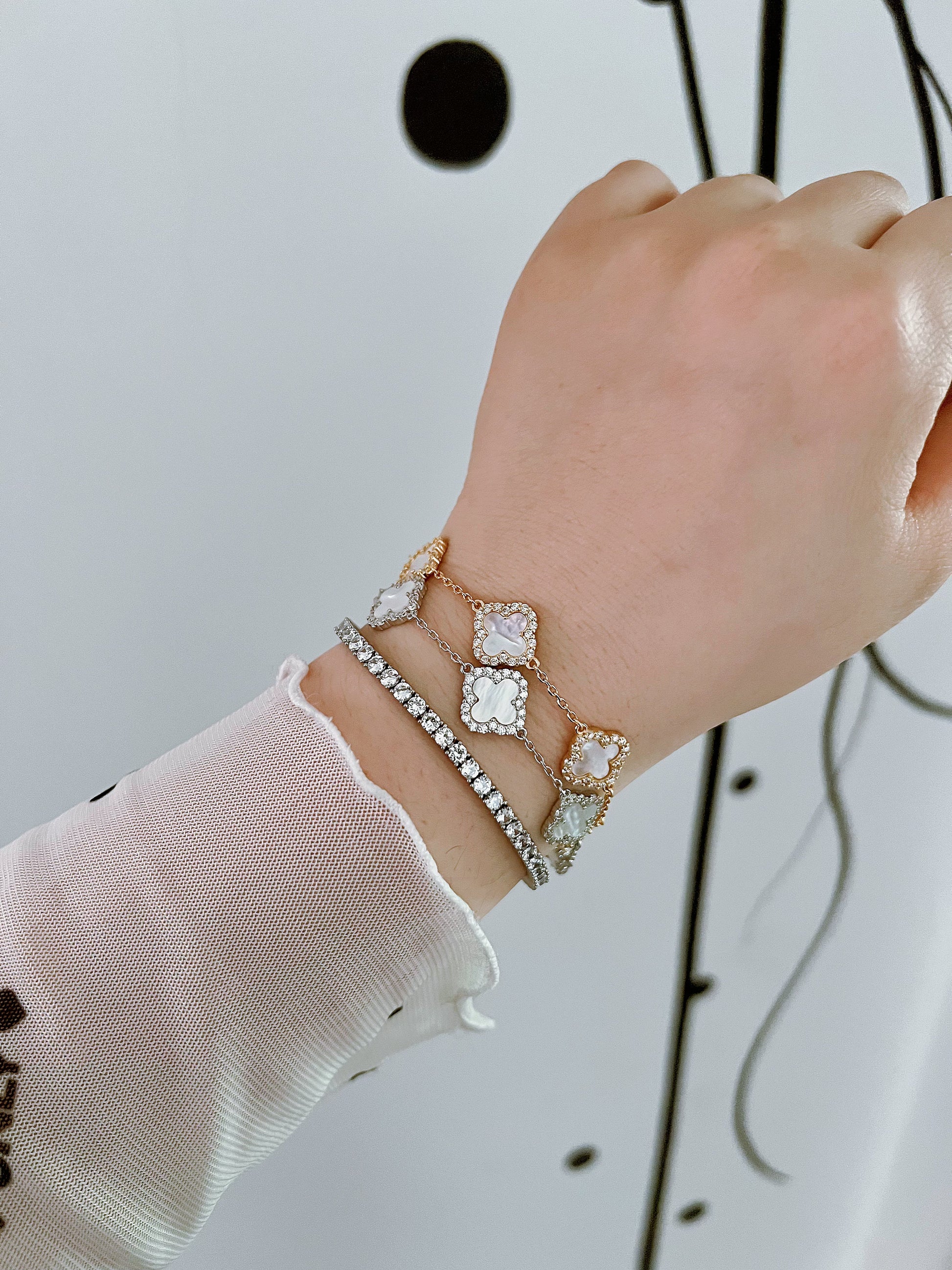 Sterling Silver Diamond Mother Of Pearl Clover Bracelet - camillaboutiqueshop