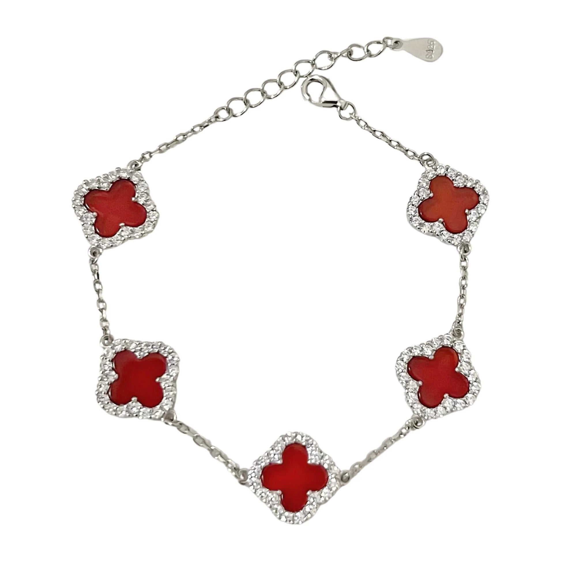Sterling Silver Diamond Red Carnelian Clover Bracelet - camillaboutiqueshop