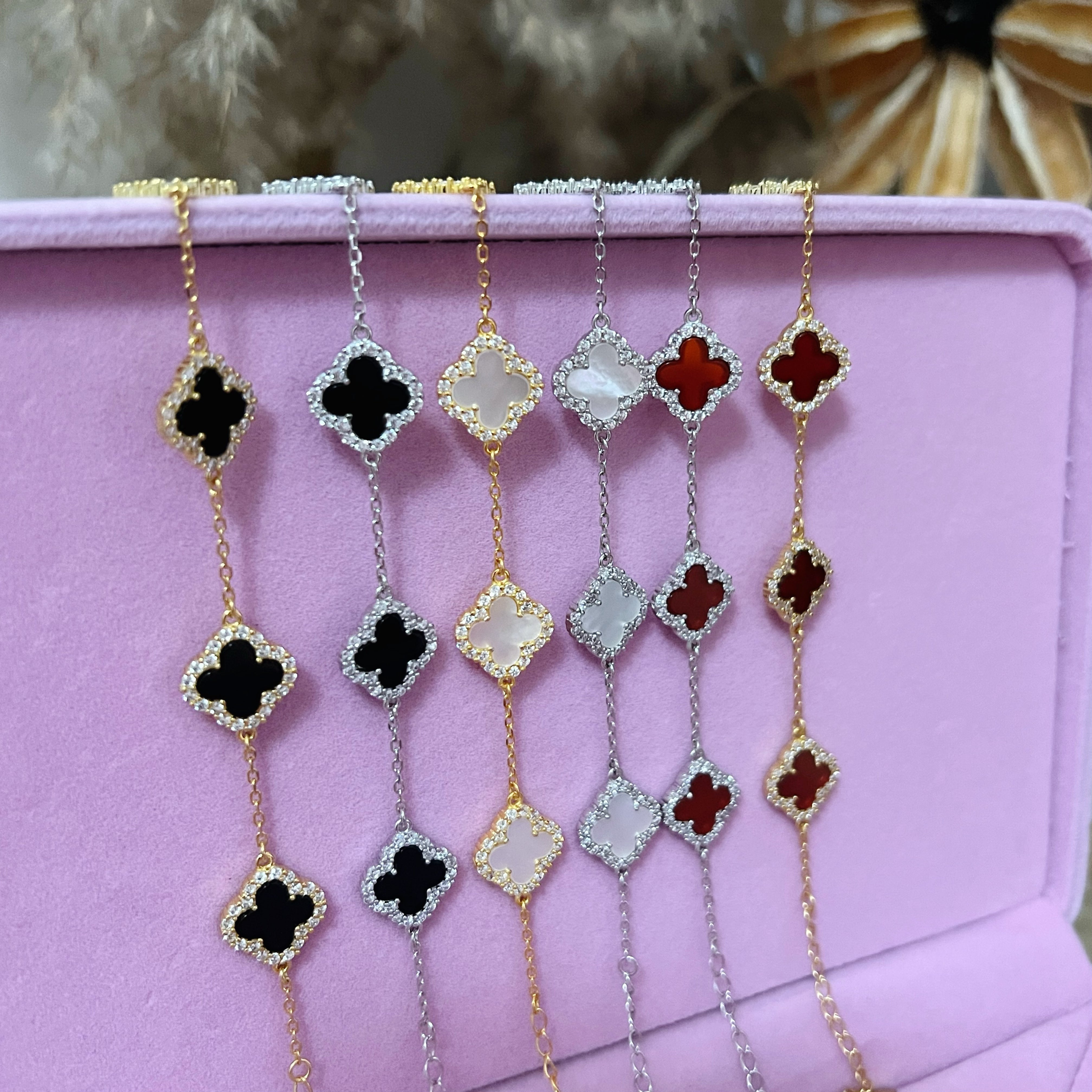 Sterling Silver Diamond Red Carnelian Clover Bracelet - camillaboutiqueshop