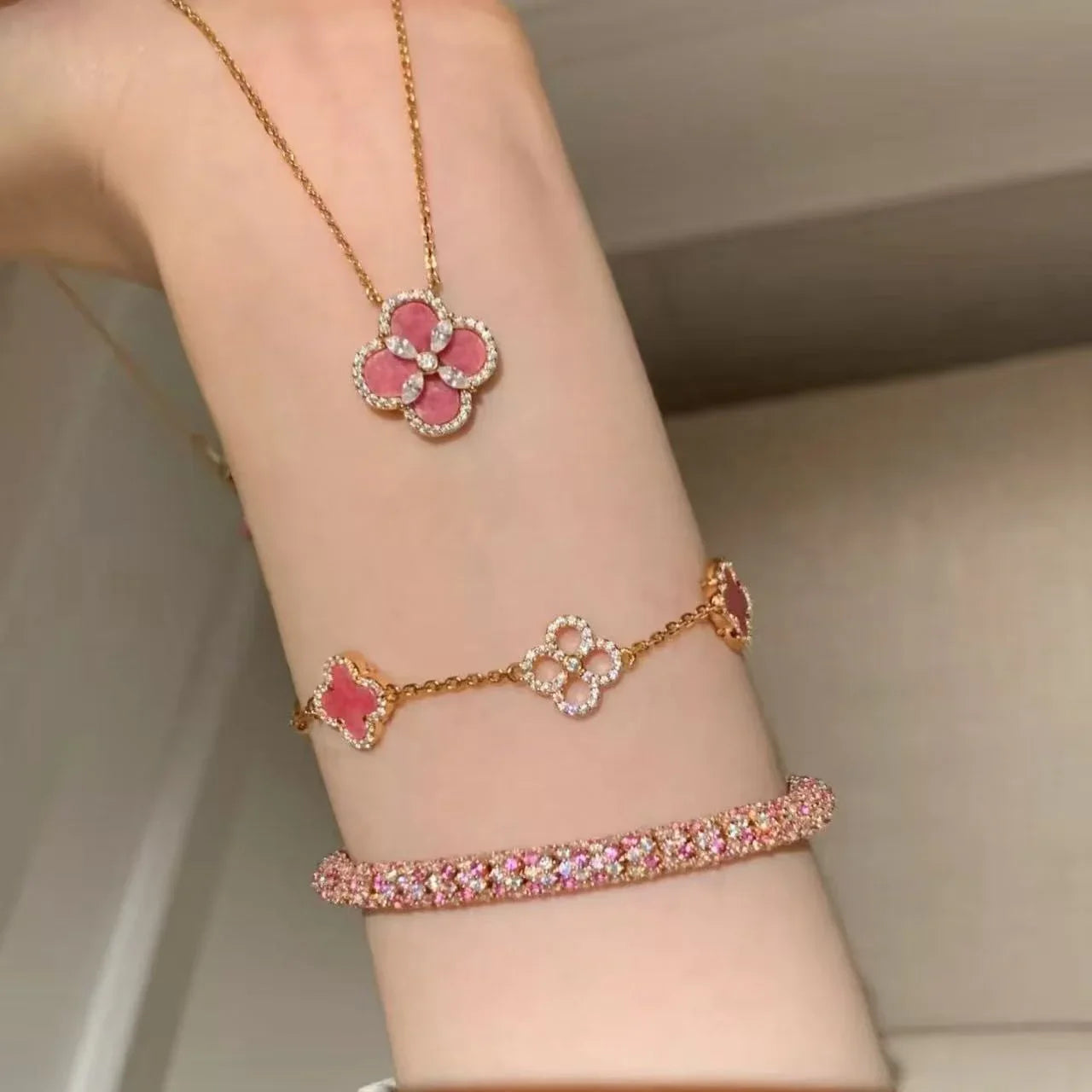 Sterling Silver Diamond Sakura Pink Clover Bracelet Jewelry Set - camillaboutiqueshop