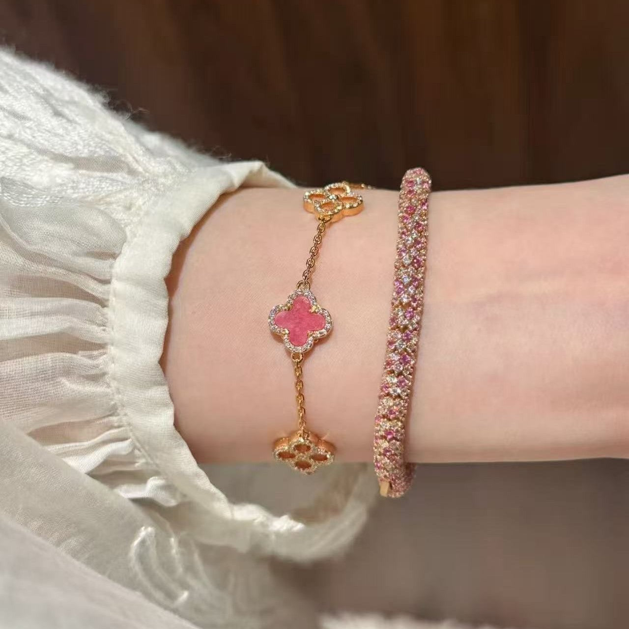 Sterling Silver Diamond Sakura Pink Clover Jewelry Set - Camillaboutiqueshop