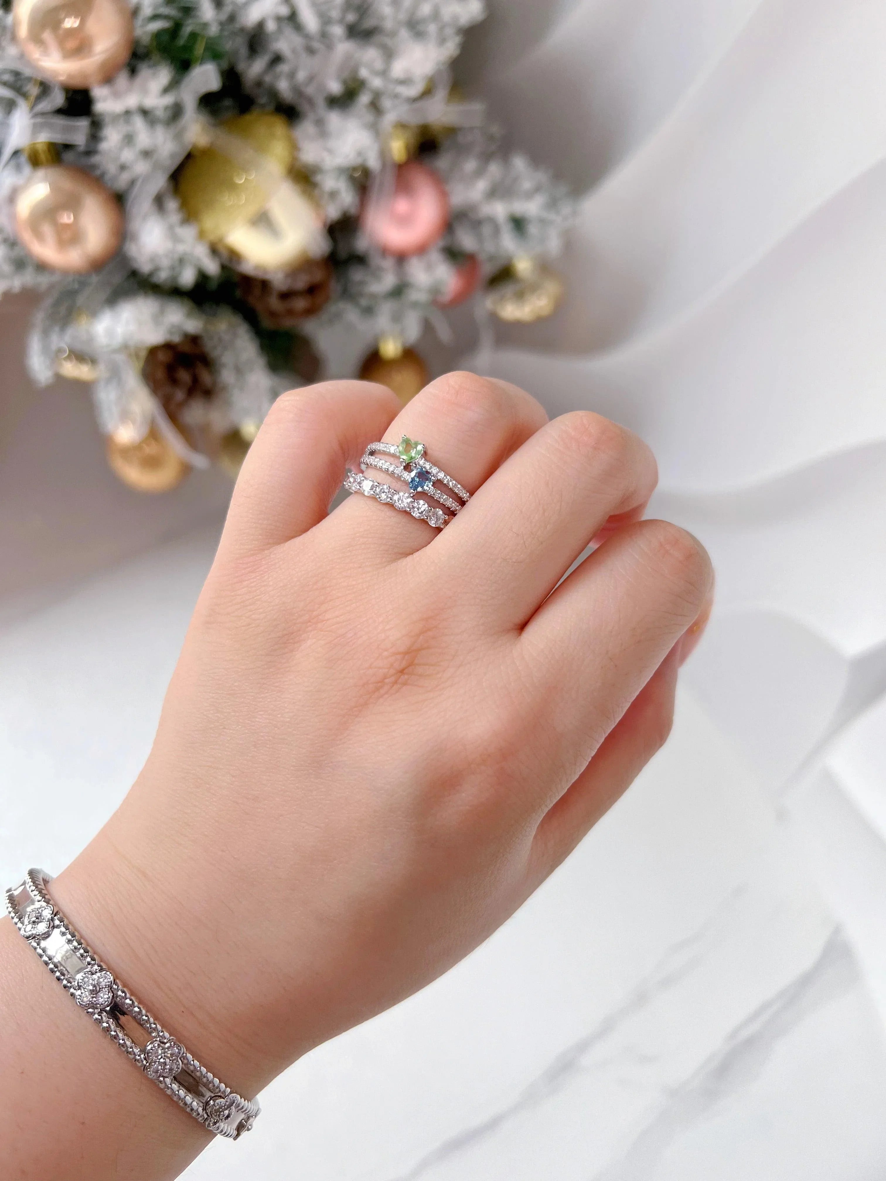 TWO HEART-SHAPE BIRTHSTONE DOUBLE BAND RING - camillaboutiqueshop